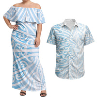 Blue New Zealand Puhoro Maori Tattoo Couples Matching Off Shoulder Maxi Dress and Hawaiian Shirt LT14 Blue - Polynesian Pride