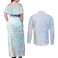 Blue New Zealand Puhoro Maori Tattoo Couples Matching Off Shoulder Maxi Dress and Long Sleeve Button Shirt LT14 - Polynesian Pride