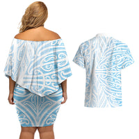 Blue New Zealand Puhoro Maori Tattoo Couples Matching Off Shoulder Short Dress and Hawaiian Shirt LT14 - Polynesian Pride
