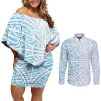 Blue New Zealand Puhoro Maori Tattoo Couples Matching Off Shoulder Short Dress and Long Sleeve Button Shirt LT14 Blue - Polynesian Pride