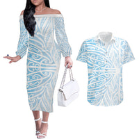 Blue New Zealand Puhoro Maori Tattoo Couples Matching Off The Shoulder Long Sleeve Dress and Hawaiian Shirt LT14 Blue - Polynesian Pride