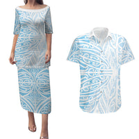 Blue New Zealand Puhoro Maori Tattoo Couples Matching Puletasi and Hawaiian Shirt LT14 Blue - Polynesian Pride
