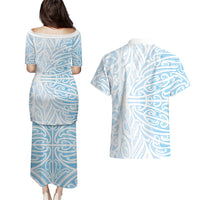 Blue New Zealand Puhoro Maori Tattoo Couples Matching Puletasi and Hawaiian Shirt LT14 - Polynesian Pride