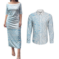 Blue New Zealand Puhoro Maori Tattoo Couples Matching Puletasi and Long Sleeve Button Shirt LT14 Blue - Polynesian Pride