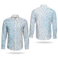 Blue New Zealand Puhoro Maori Tattoo Couples Matching Puletasi and Long Sleeve Button Shirt LT14 - Polynesian Pride