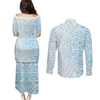 Blue New Zealand Puhoro Maori Tattoo Couples Matching Puletasi and Long Sleeve Button Shirt LT14 - Polynesian Pride