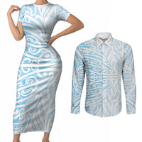 Blue New Zealand Puhoro Maori Tattoo Couples Matching Short Sleeve Bodycon Dress and Long Sleeve Button Shirt LT14 Blue - Polynesian Pride