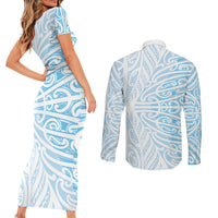 Blue New Zealand Puhoro Maori Tattoo Couples Matching Short Sleeve Bodycon Dress and Long Sleeve Button Shirt LT14 - Polynesian Pride