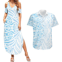 Blue New Zealand Puhoro Maori Tattoo Couples Matching Summer Maxi Dress and Hawaiian Shirt LT14 Blue - Polynesian Pride