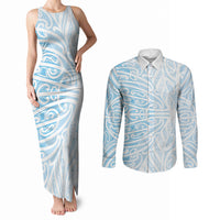 Blue New Zealand Puhoro Maori Tattoo Couples Matching Tank Maxi Dress and Long Sleeve Button Shirt LT14 Blue - Polynesian Pride