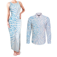 Blue New Zealand Puhoro Maori Tattoo Couples Matching Tank Maxi Dress and Long Sleeve Button Shirt LT14 Blue - Polynesian Pride