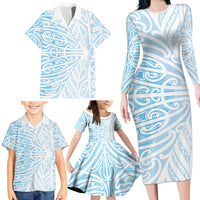 Blue New Zealand Puhoro Maori Tattoo Family Matching Long Sleeve Bodycon Dress and Hawaiian Shirt LT14 - Polynesian Pride