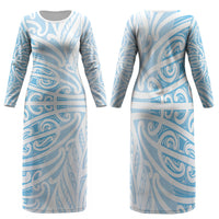 Blue New Zealand Puhoro Maori Tattoo Family Matching Long Sleeve Bodycon Dress and Hawaiian Shirt LT14 Mom's Dress Blue - Polynesian Pride