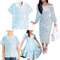 Blue New Zealand Puhoro Maori Tattoo Family Matching Off The Shoulder Long Sleeve Dress and Hawaiian Shirt LT14 - Polynesian Pride