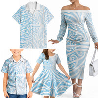 Blue New Zealand Puhoro Maori Tattoo Family Matching Off The Shoulder Long Sleeve Dress and Hawaiian Shirt LT14 - Polynesian Pride