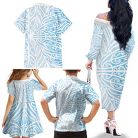 Blue New Zealand Puhoro Maori Tattoo Family Matching Off The Shoulder Long Sleeve Dress and Hawaiian Shirt LT14 - Polynesian Pride