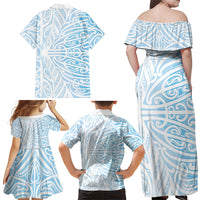 Blue New Zealand Puhoro Maori Tattoo Family Matching Off Shoulder Maxi Dress and Hawaiian Shirt LT14 - Polynesian Pride