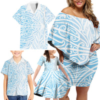 Blue New Zealand Puhoro Maori Tattoo Family Matching Off Shoulder Short Dress and Hawaiian Shirt LT14 - Polynesian Pride