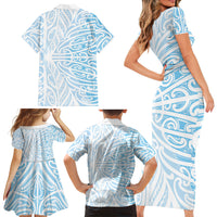 Blue New Zealand Puhoro Maori Tattoo Family Matching Short Sleeve Bodycon Dress and Hawaiian Shirt LT14 - Polynesian Pride
