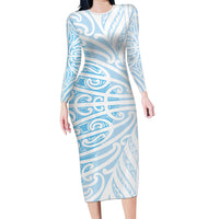 Blue New Zealand Puhoro Maori Tattoo Long Sleeve Bodycon Dress LT14 Long Dress Blue - Polynesian Pride