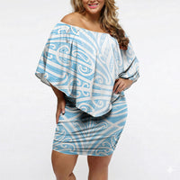 Blue New Zealand Puhoro Maori Tattoo Off Shoulder Short Dress LT14 Women Blue - Polynesian Pride