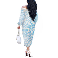 Blue New Zealand Puhoro Maori Tattoo Off The Shoulder Long Sleeve Dress LT14 - Polynesian Pride