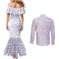 Purple New Zealand Puhoro Maori Tattoo Couples Matching Mermaid Dress and Long Sleeve Button Shirt LT14 - Polynesian Pride