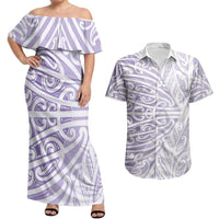 Purple New Zealand Puhoro Maori Tattoo Couples Matching Off Shoulder Maxi Dress and Hawaiian Shirt LT14 Purple - Polynesian Pride