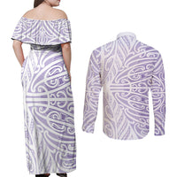 Purple New Zealand Puhoro Maori Tattoo Couples Matching Off Shoulder Maxi Dress and Long Sleeve Button Shirt LT14 - Polynesian Pride