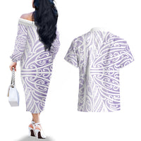 Purple New Zealand Puhoro Maori Tattoo Couples Matching Off The Shoulder Long Sleeve Dress and Hawaiian Shirt LT14 - Polynesian Pride