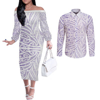 Purple New Zealand Puhoro Maori Tattoo Couples Matching Off The Shoulder Long Sleeve Dress and Long Sleeve Button Shirt LT14 Purple - Polynesian Pride