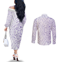 Purple New Zealand Puhoro Maori Tattoo Couples Matching Off The Shoulder Long Sleeve Dress and Long Sleeve Button Shirt LT14 - Polynesian Pride