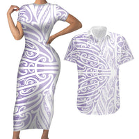 Purple New Zealand Puhoro Maori Tattoo Couples Matching Short Sleeve Bodycon Dress and Hawaiian Shirt LT14 Purple - Polynesian Pride
