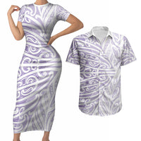 Purple New Zealand Puhoro Maori Tattoo Couples Matching Short Sleeve Bodycon Dress and Hawaiian Shirt LT14 Purple - Polynesian Pride