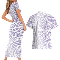 Purple New Zealand Puhoro Maori Tattoo Couples Matching Short Sleeve Bodycon Dress and Hawaiian Shirt LT14 - Polynesian Pride