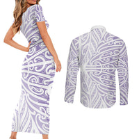 Purple New Zealand Puhoro Maori Tattoo Couples Matching Short Sleeve Bodycon Dress and Long Sleeve Button Shirt LT14 - Polynesian Pride