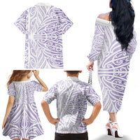 Purple New Zealand Puhoro Maori Tattoo Family Matching Off The Shoulder Long Sleeve Dress and Hawaiian Shirt LT14 - Polynesian Pride