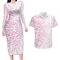 Pink New Zealand Puhoro Maori Tattoo Couples Matching Long Sleeve Bodycon Dress and Hawaiian Shirt LT14 Pink - Polynesian Pride