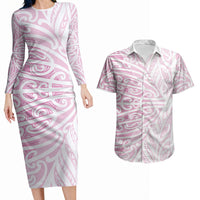 Pink New Zealand Puhoro Maori Tattoo Couples Matching Long Sleeve Bodycon Dress and Hawaiian Shirt LT14 Pink - Polynesian Pride