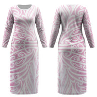 Pink New Zealand Puhoro Maori Tattoo Couples Matching Long Sleeve Bodycon Dress and Hawaiian Shirt LT14 - Polynesian Pride