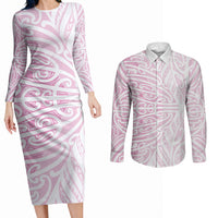 Pink New Zealand Puhoro Maori Tattoo Couples Matching Long Sleeve Bodycon Dress and Long Sleeve Button Shirt LT14 Pink - Polynesian Pride