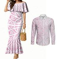 Pink New Zealand Puhoro Maori Tattoo Couples Matching Mermaid Dress and Long Sleeve Button Shirt LT14 Pink - Polynesian Pride