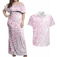 Pink New Zealand Puhoro Maori Tattoo Couples Matching Off Shoulder Maxi Dress and Hawaiian Shirt LT14 Pink - Polynesian Pride