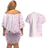 Pink New Zealand Puhoro Maori Tattoo Couples Matching Off Shoulder Short Dress and Hawaiian Shirt LT14 - Polynesian Pride