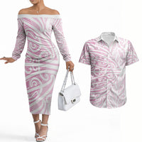 Pink New Zealand Puhoro Maori Tattoo Couples Matching Off The Shoulder Long Sleeve Dress and Hawaiian Shirt LT14 Pink - Polynesian Pride