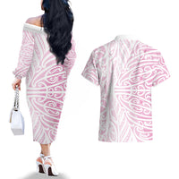 Pink New Zealand Puhoro Maori Tattoo Couples Matching Off The Shoulder Long Sleeve Dress and Hawaiian Shirt LT14 - Polynesian Pride