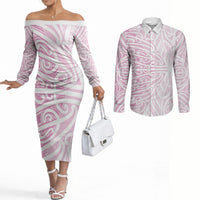Pink New Zealand Puhoro Maori Tattoo Couples Matching Off The Shoulder Long Sleeve Dress and Long Sleeve Button Shirt LT14 Pink - Polynesian Pride