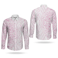 Pink New Zealand Puhoro Maori Tattoo Couples Matching Off The Shoulder Long Sleeve Dress and Long Sleeve Button Shirt LT14 - Polynesian Pride