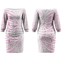 Pink New Zealand Puhoro Maori Tattoo Couples Matching Off The Shoulder Long Sleeve Dress and Long Sleeve Button Shirt LT14 - Polynesian Pride