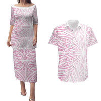 Pink New Zealand Puhoro Maori Tattoo Couples Matching Puletasi and Hawaiian Shirt LT14 Pink - Polynesian Pride